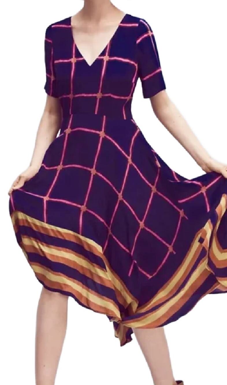 Anthropologie HD in Paris Grid Print Handkerchief Hem Midi Dress Navy Pink Sz 12